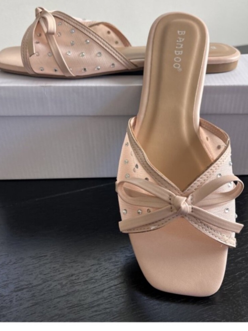 BAMBOO Blush Pink Bow Rhinestone Sheer Slide Sandals Size 7 NWOB
